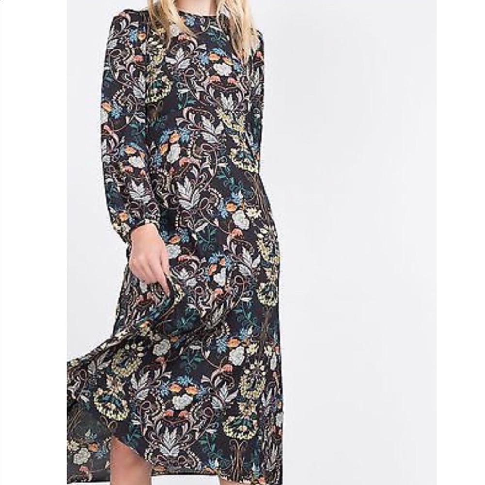 Zara Boho Navy Floral long sleeve midi dress